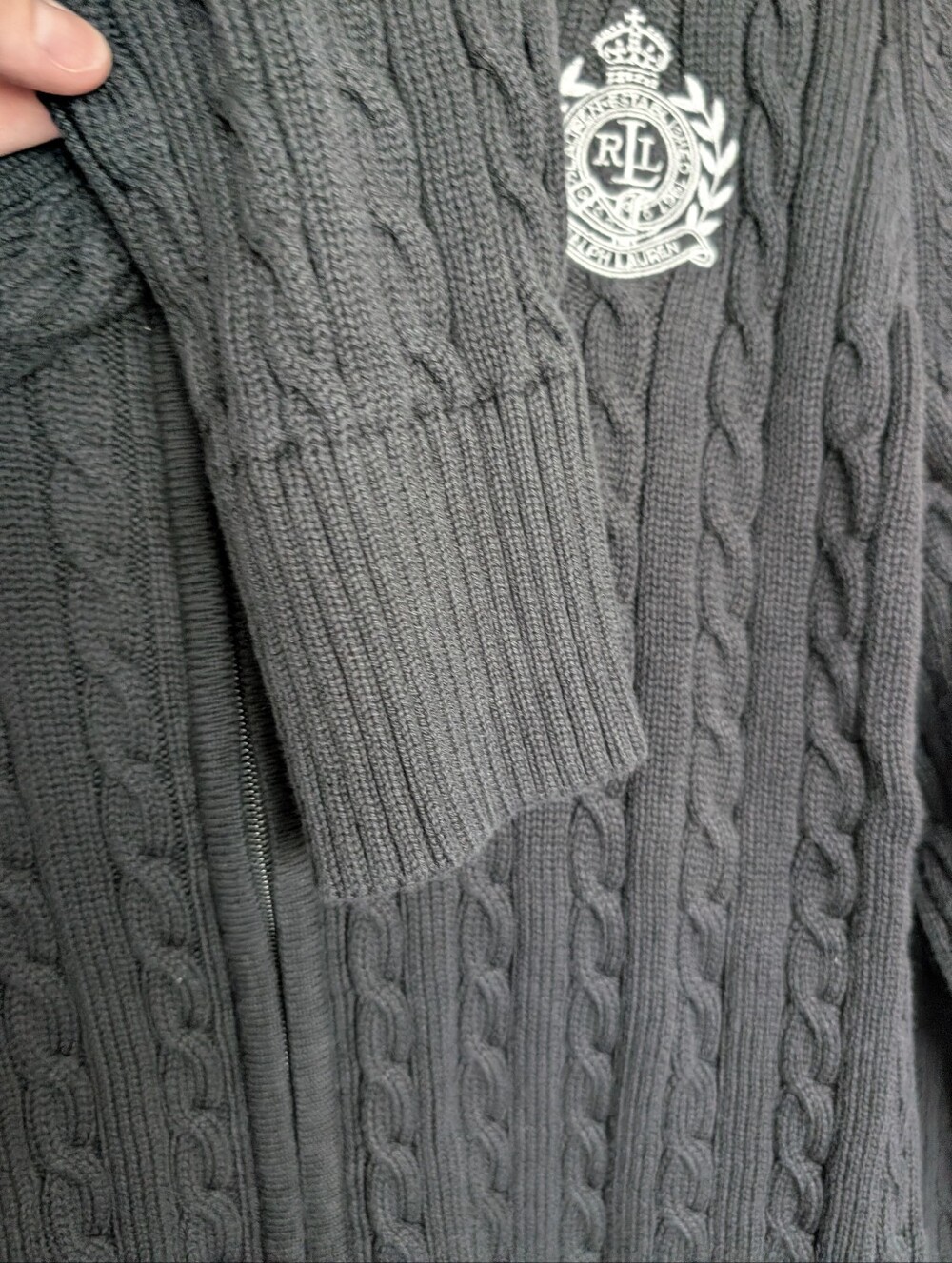 Lauren Ralph Lauren Active Black Full Zip Cable Knit Sweater Size XL Crest - Picture 5 of 10